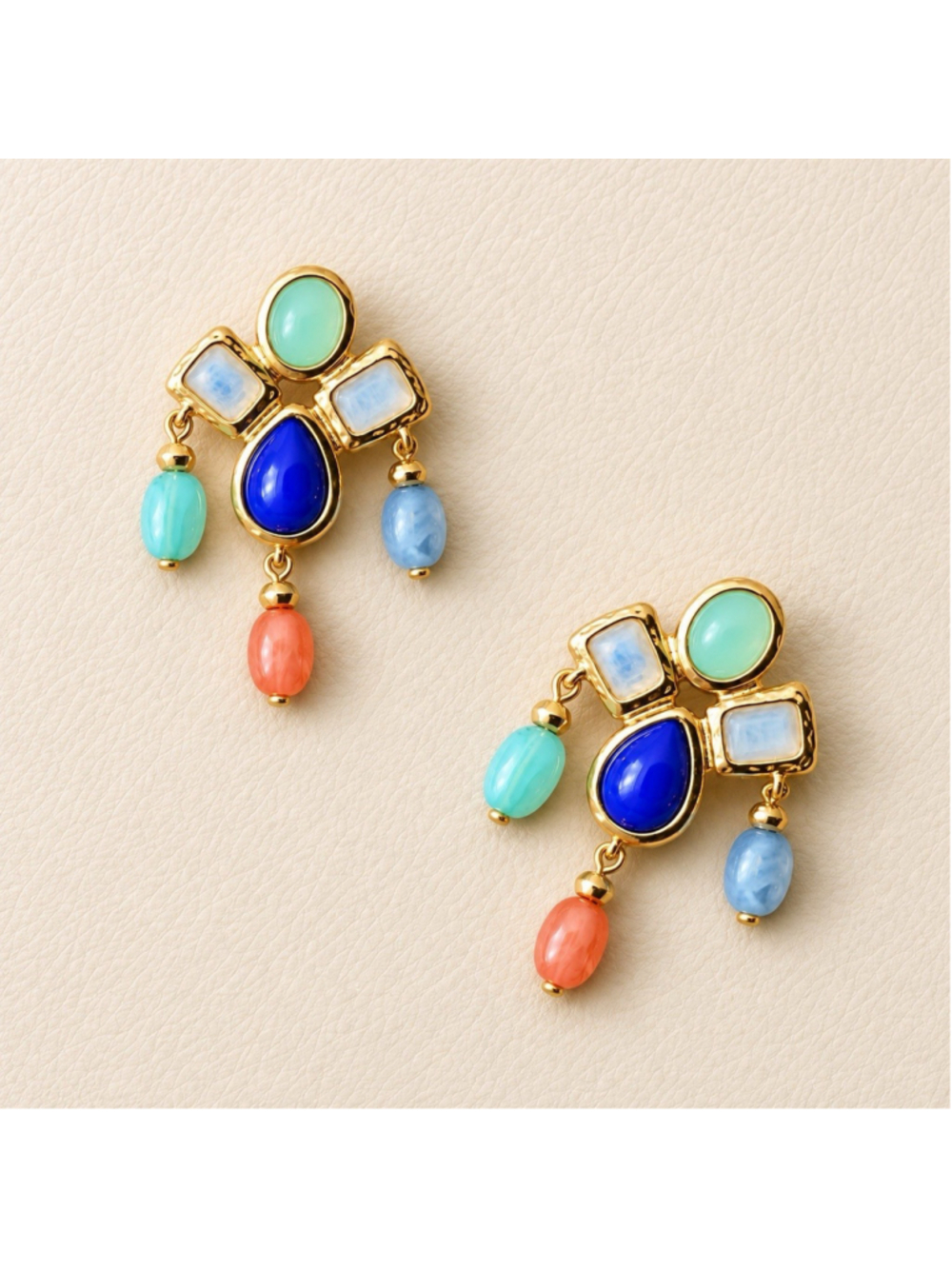Art Deco Gold Multicolor Zara Cabochon Chandelier Earrings Geometric Boho Y2K